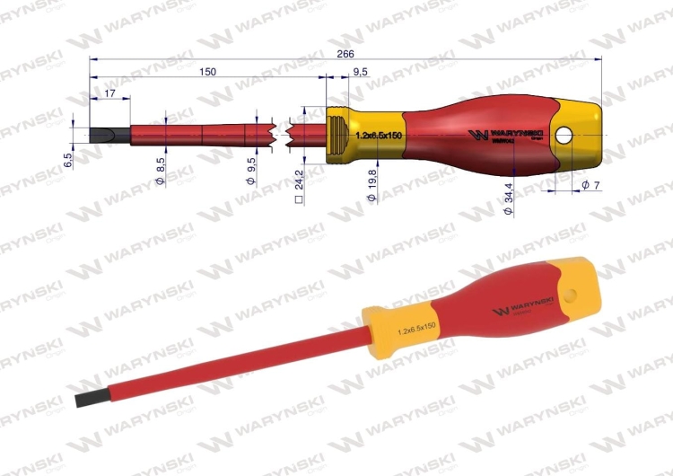 Wkrętak płaski izolowany 6 x 150 mm VDE stal S2 Waryński 2