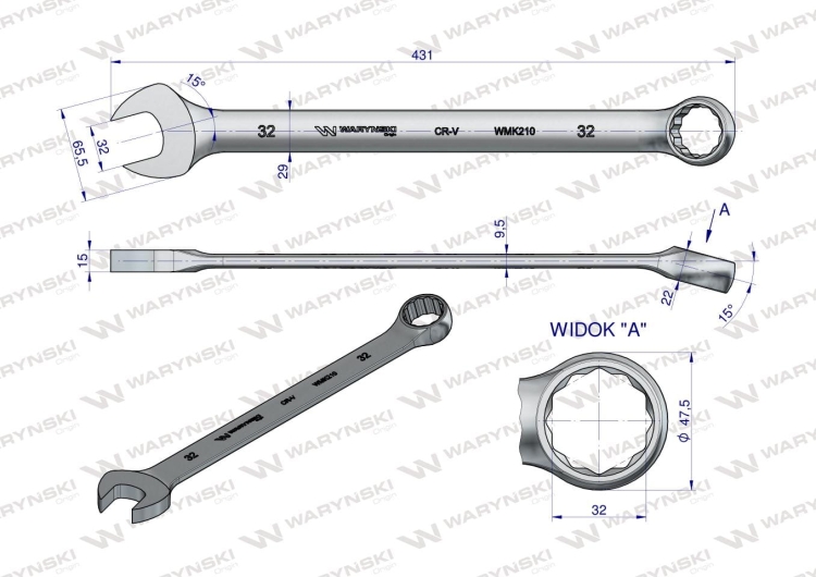 Klucz płaskooczkowy extra długi 32mm dł 431mm standard ASME B107.9M Waryński 3