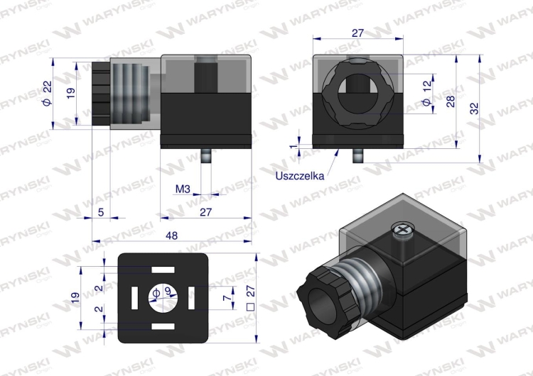 Wtyczka elektryczna W-WTYKVDC 12V 24V (SP666) do zasilania cewek elektromagnetycznych z diodą i uszczelką Waryński  2