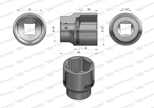 Nasadka sześciokątna 3/4" 42 mm CrV50BV30 DIN 3124 Waryński 2