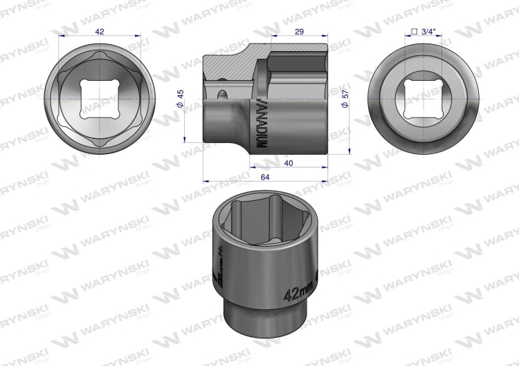 Nasadka sześciokątna 3/4" 42 mm CrV50BV30 DIN 3124 Waryński 2