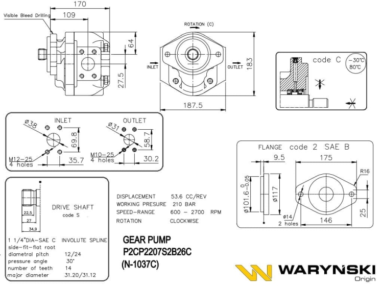 Pompa zębata JCB 412,415, 712, 712B P2CP2207S2B26C Waryński (5)