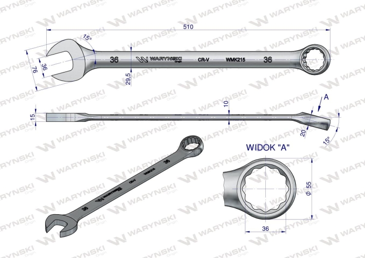 Klucz płasko-oczkowy extra długi 36mm dł 510mm standard ASME B107.9M Waryński 2