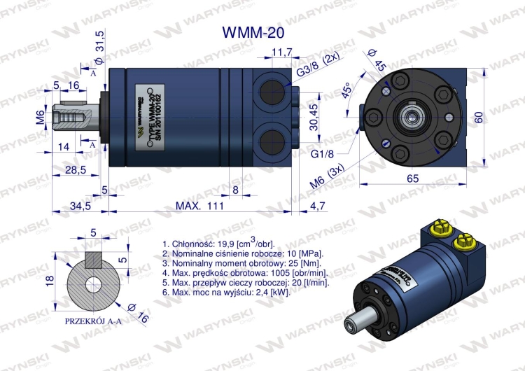 Silnik hydrauliczny orbitalny WMM 20 cm3/obr (100 bar / max.140 bar) Waryński 6