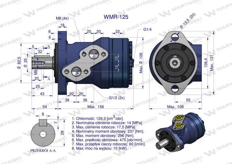 Silnik hydrauliczny orbitalny WMR 125 cm3/obr (140 bar / max.200 bar) Waryński 6