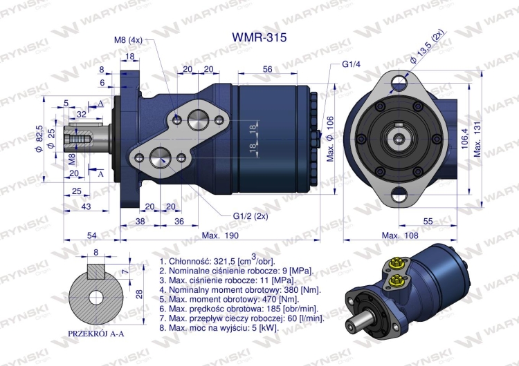 Silnik hydrauliczny orbitalny WMR 315 cm3/obr (90 bar / max.130 bar) Waryński 6