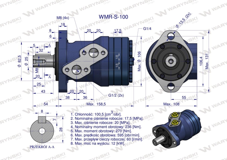 Silnik hydrauliczny orbitalny wzmacniany WMR-S 100 cm3/obr (175 bar / max.220 bar) Waryński 4