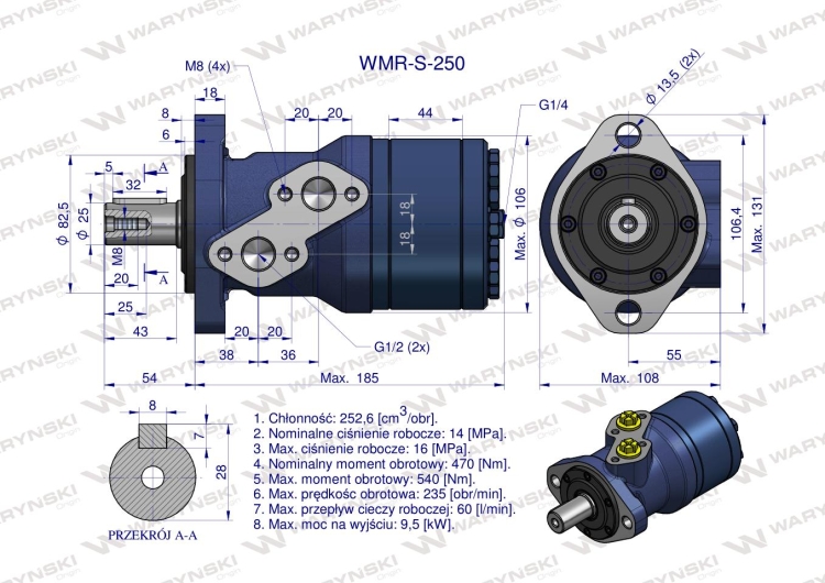 Silnik hydrauliczny orbitalny wzmacniany WMR-S 250 cm3/obr (140 bar / max.180 bar) Waryński 6