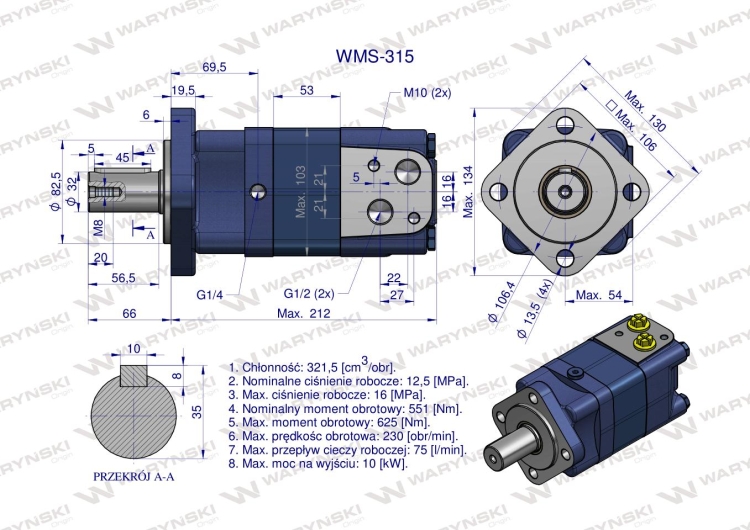 Silnik hydrauliczny orbitalny WMS 315 cm3/obr (125 bar / max.200 bar) Waryński 3