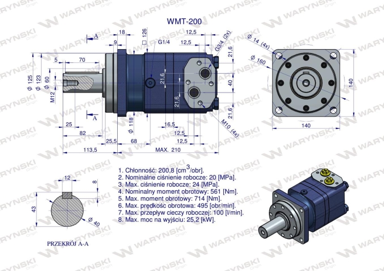 Silnik hydrauliczny orbitalny WMT 200 cm3/obr (200 bar / max.280 bar) Waryński 6