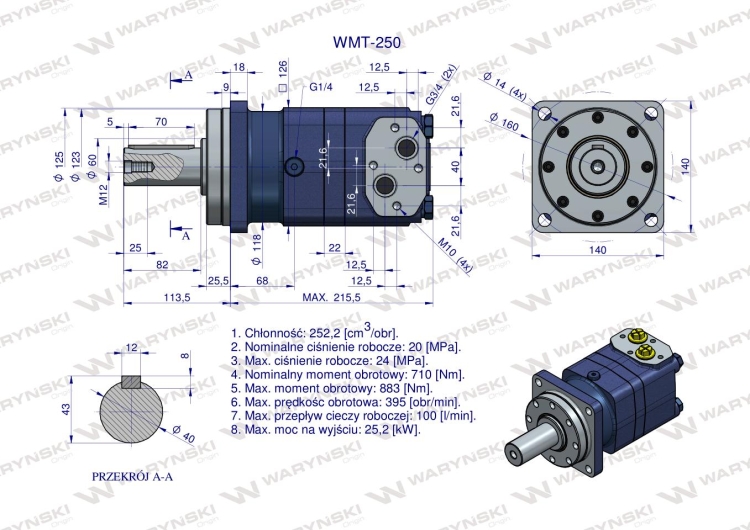 Silnik hydrauliczny orbitalny WMT 250 cm3/obr (200 bar / max.280 bar) Waryński 6