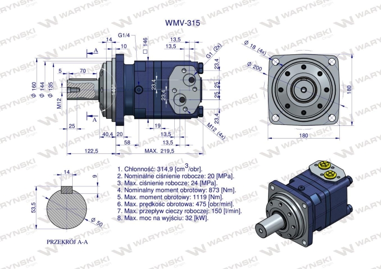 Silnik hydrauliczny orbitalny WMV 315 cm3/obr (200 bar / max.280 bar) Waryński 6
