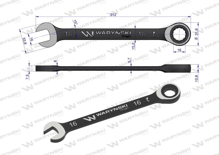 Klucz płasko-oczkowy 16 mm z grzechotką 72 zęby standard ASME B107-2010 Waryński 2
