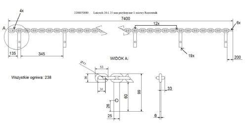 Łańcuch 20-l. 25 mm przykręcane 1 osiowy Rozrzutnik 2