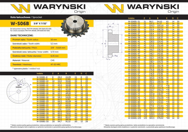 Koło zębate hartowane z kołnierzem 06B-1 (R1 3/8) Z-36 Waryński 3