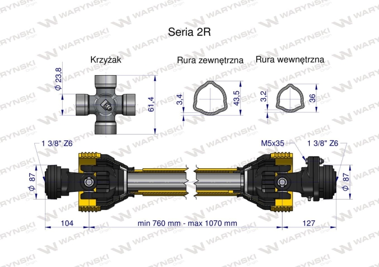 Wał przegubowo-teleskopowy 760-1070mm 270Nm sprzęgło z kołkiem 900Nm CE 2020 seria 2R WARYŃSKI 3