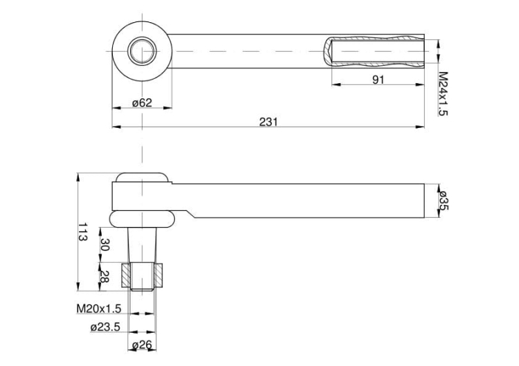 Przegub kierowniczy 207mm - M24x1,5 126145A1 Case TAQ 2