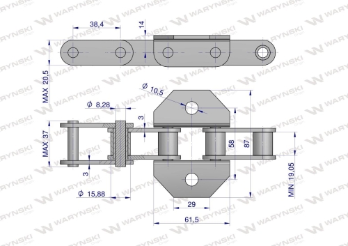 Łańcuch podajnika pochyłego 38.4VB łapka K1 co 6 ogniwo 5m Waryński 2