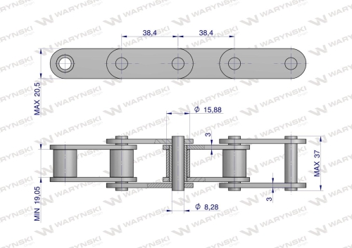 Łańcuch rolkowy 38.4VB 5m Waryński rysunek techniczny