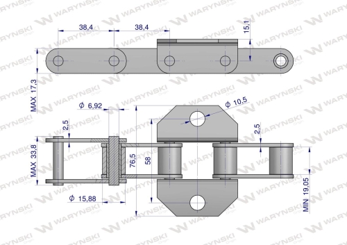 Łańcuch podajnika pochyłego 38.4R łapka K1 co 6 ogniwa 3.5m Waryński 2