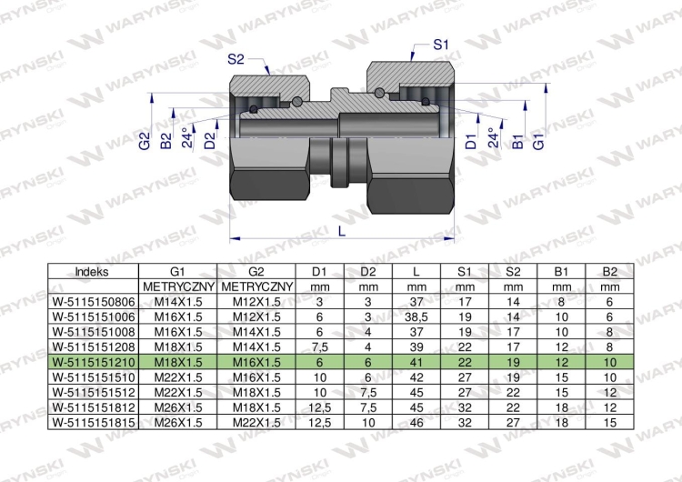 Złączka hydrauliczna metryczna AA M18x1.5 12L x M16x1.5 10L Waryński 2
