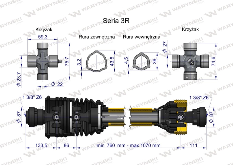 Wał przegubowo-teleskopowy 760-1070mm 460Nm szerokokątny od st.ciągnika CE 2020 seria 3R WARYŃSKI 3