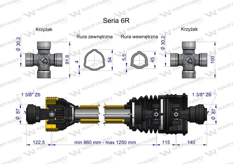 Wał przegubowo-teleskopowy 860-1250mm 830Nm szerokokątny CE 2020 seria 6R WARYŃSKI  2