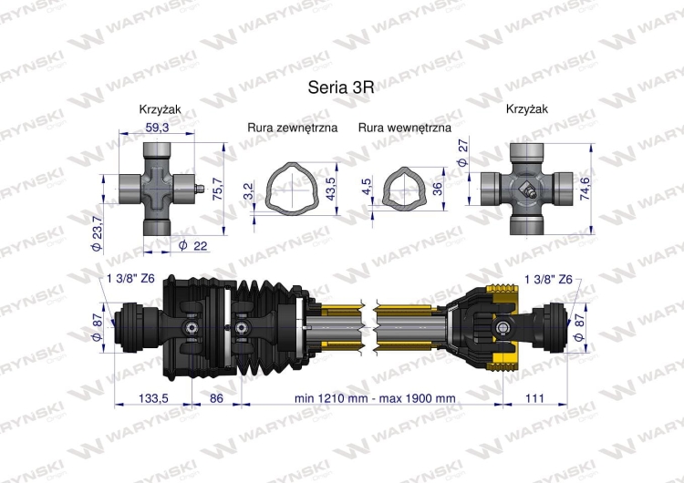 Wał przegubowo-teleskopowy 1210-1900mm 460Nm szerokokątny CE 2020 seria 3R WARYŃSKI 3