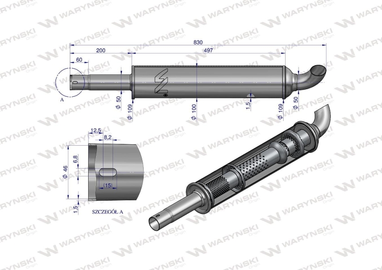 Tłumik okrągły krótki 830mm 4.1kg C-330 INOX WARYŃSKI (3)