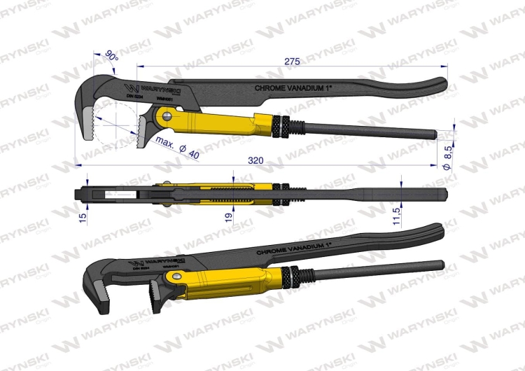 Szczypce nastawne szwedzkie do rur szczęki typ 90° o rozstawie max 40mm długość 320mm Waryński 3