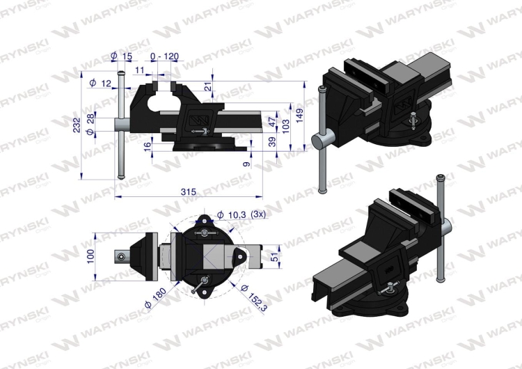 Imadło ślusarskie z żeliwa sferoidalnego obrotowe 100 mm Waryński (3)