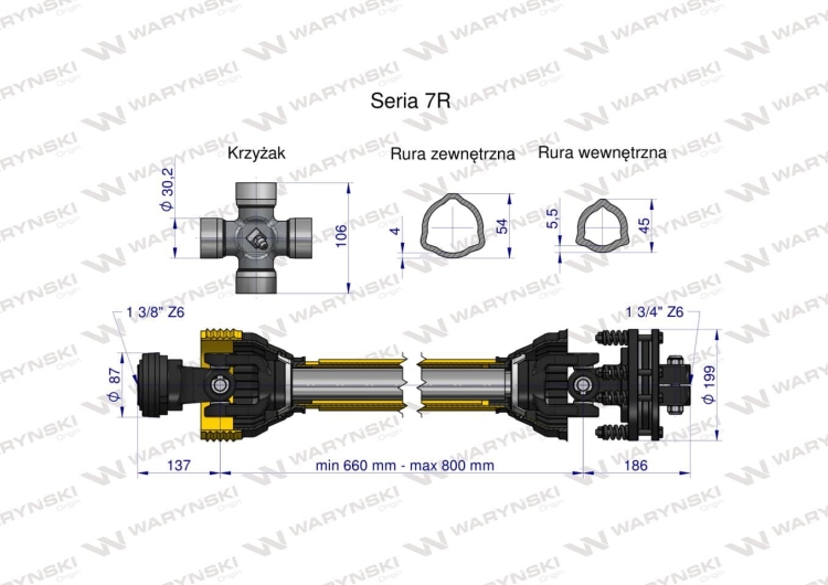 Wał przegubowo-teleskopowy 660-800mm 970Nm Z6 1 3/4 sprzęgło cierne 1700Nm CE 2020 seria 7R WARYŃSKI 3