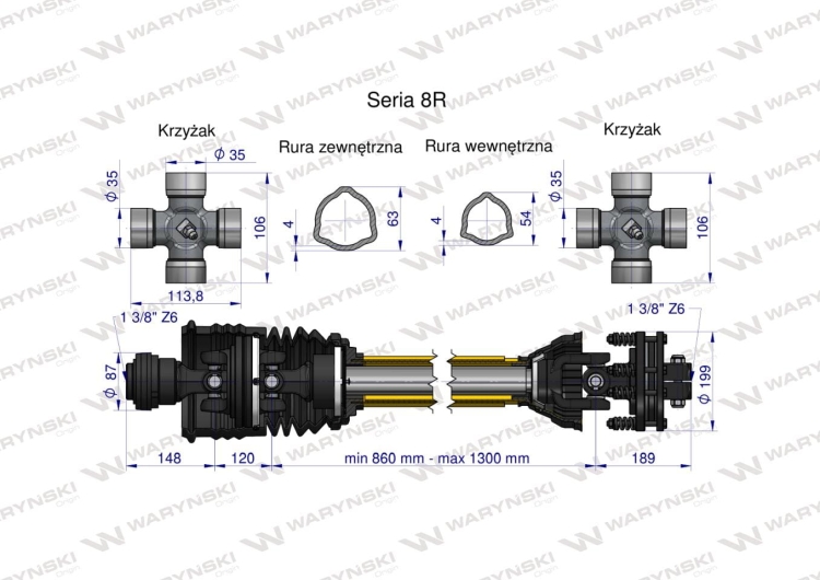 Wał przegubowo-teleskopowy 860-1300mm 1240Nm szerokokątny sprzęgło cierne 2000Nm CE 2020 seria 8R Waryński 3
