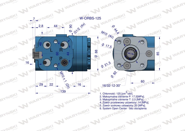 Orbitrol hydrauliczny W-ORBS 125 cm3/obr z zaworami (System Open Center - bez obciążenia) Waryński 5