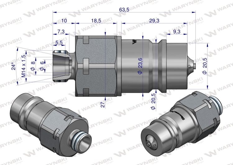 Szybkozłącze hydrauliczne wtyczka M14x1.5 gwint zewnętrzny EURO (ISO 7241-A) z eliminatorem ciśnienia Waryński RYSUNKE TECHNICZNY