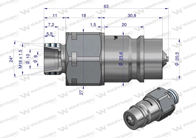 Szybkozłącze hydrauliczne wtyczka M16x1.5 gwint zewnętrzny EURO (9100816W) (ISO 7241-A) z eliminatorem ciśnienia Waryński  4
