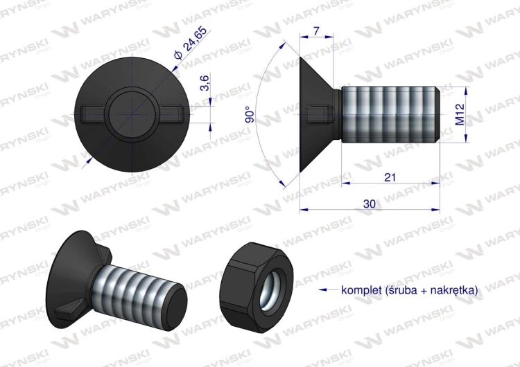 Śruba kpl. płużna dwunoskowa większy łeb M12x30 mm kl.12.9 Waryński 4