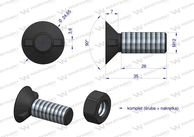 Śruba kpl. płużna dwunoskowa większy łeb M12x35 mm kl.12.9 Waryński 3