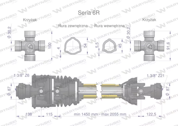 Wał przegubowo-teleskopowy 1450-2055mm 830Nm szerokokątny i Z21 CE 2020 seria 6R Waryński 3
