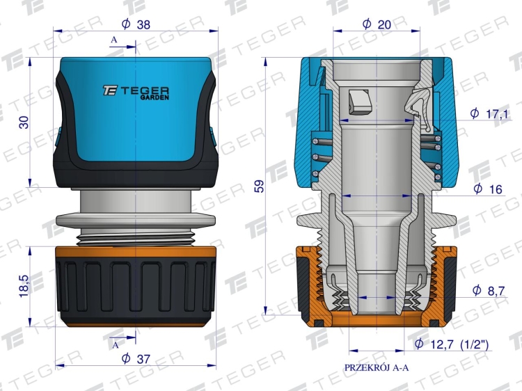 Szybkozłączka do węża 1/2" - bez waterstop TEGER (4)