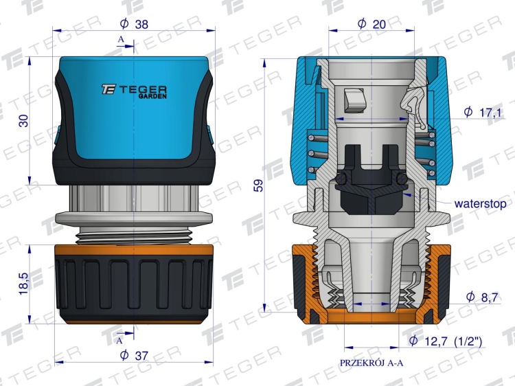 Szybkozłączka 1/2" - z waterstop TEGER 3