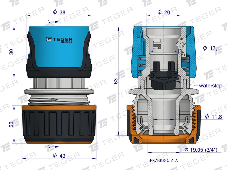 Szybkozłączka 3/4" - z waterstop TEGER 5