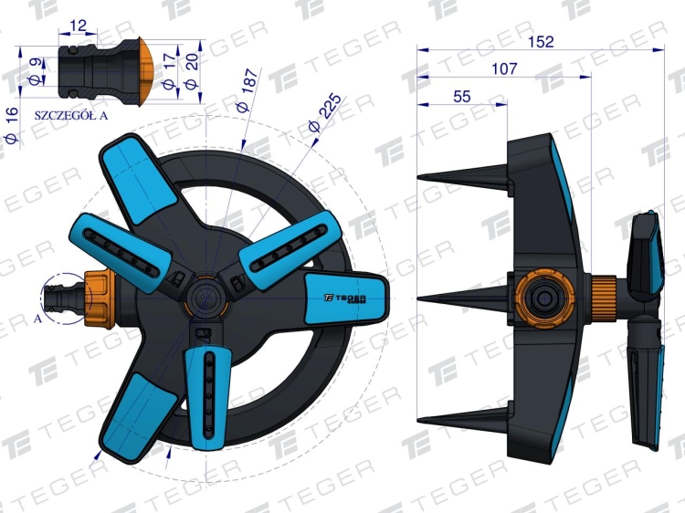 Zraszacz ogrodowy - obrotowy 3-ramienny TEGER
