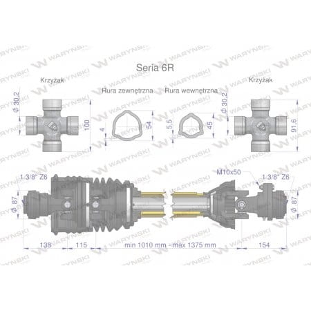 Wał przegubowo-teleskopowy 1010-1375mm 830Nm szerokokątny dr. st. sprzęgło z kołkiem 2500 Nm CE 2020 seria 6R Waryński 2