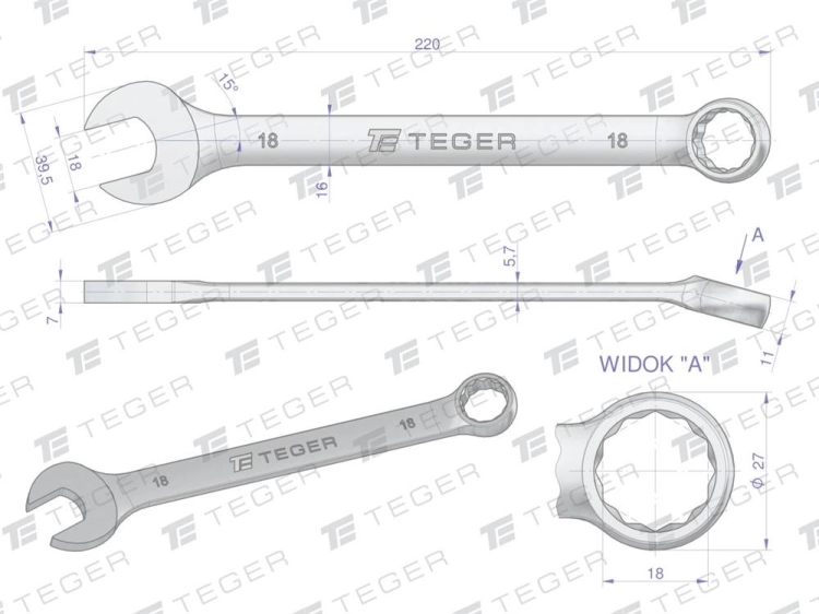 Klucz płasko-oczkowy 18 mm  TEGER rysunek techniczny