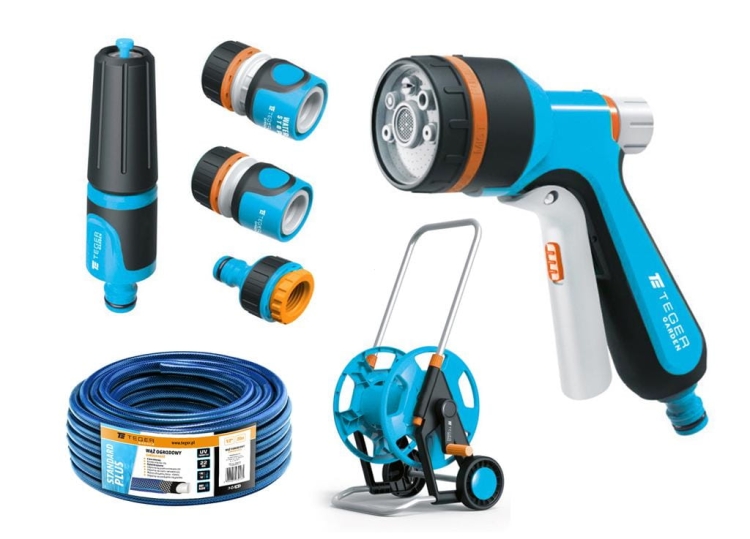 Zestaw ogrodowy 1/2" (wąż 20m - zestaw natryskowy - pistolet - wózek na wąż) TEGER