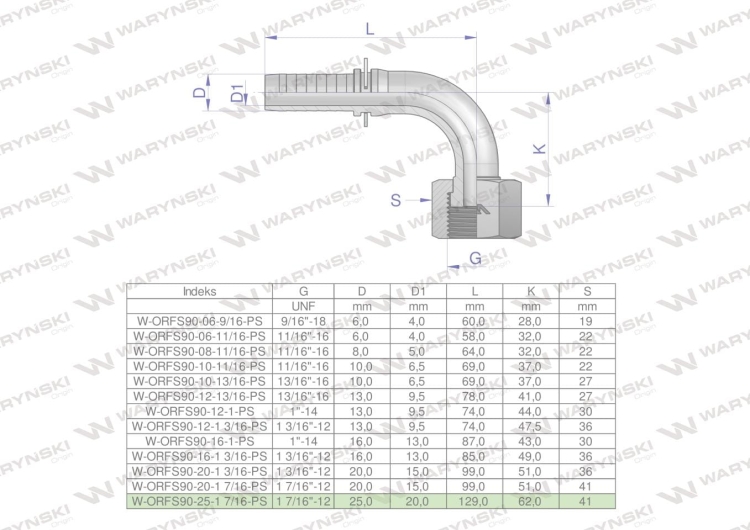 Zakucie hydrauliczne ORFS90 DN25 1 7/16-12 PREMIUM Waryński