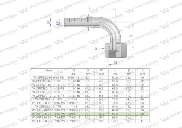 Zakucie hydrauliczne ORFS90 DN20 1 3/16-12 PREMIUM Waryński