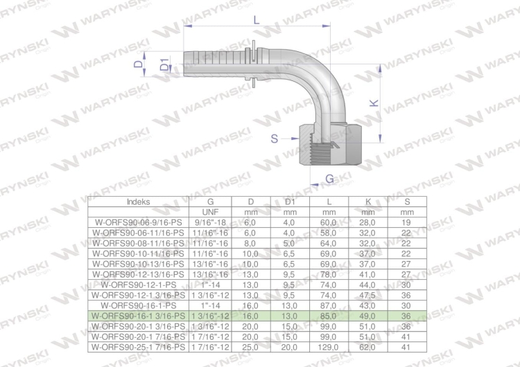 Zakucie hydrauliczne ORFS90 DN16 1 3/16"-12 PREMIUM Waryński