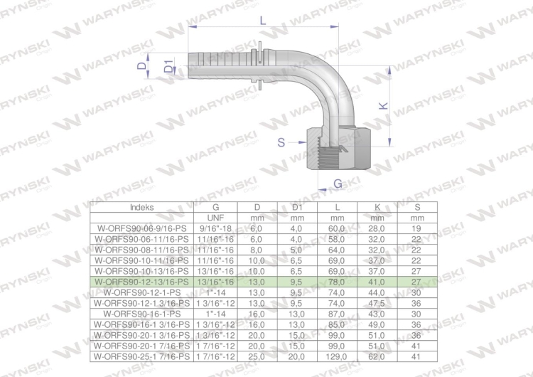 Zakucie hydrauliczne ORFS90 DN13 13/16"-16 PREMIUM Waryński